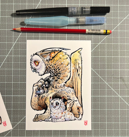 Owl griffin art print, 5x7